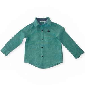 Boys Janie and Jack Green Elephant Button-Up Shirt Linen and Cotton Blend